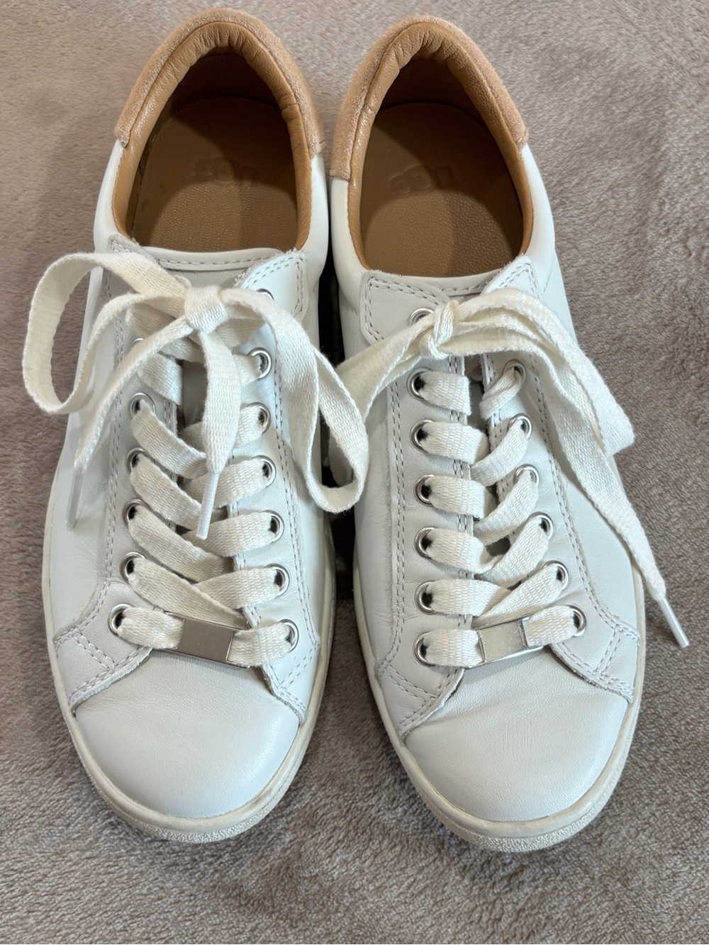UGG White Leather Sneakers with Tan Collar Accent